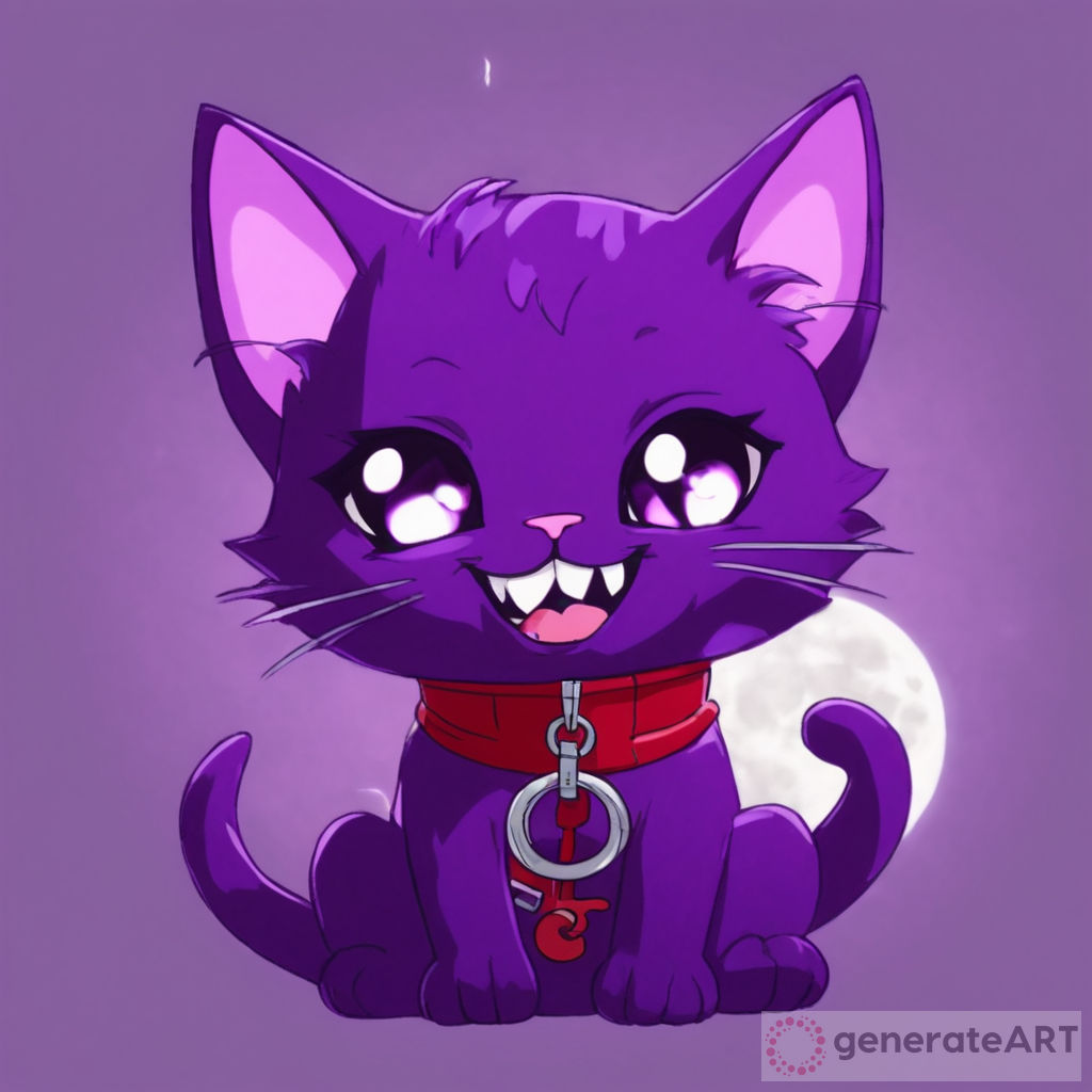 CatNap is a male purple cat with dark purple paws, shiny white eyes, a zipper on its torso, and a big inhuman smile like the rest of the critters, on the zipper is a crescent moon pendant. and red gas can come out of his mouth
