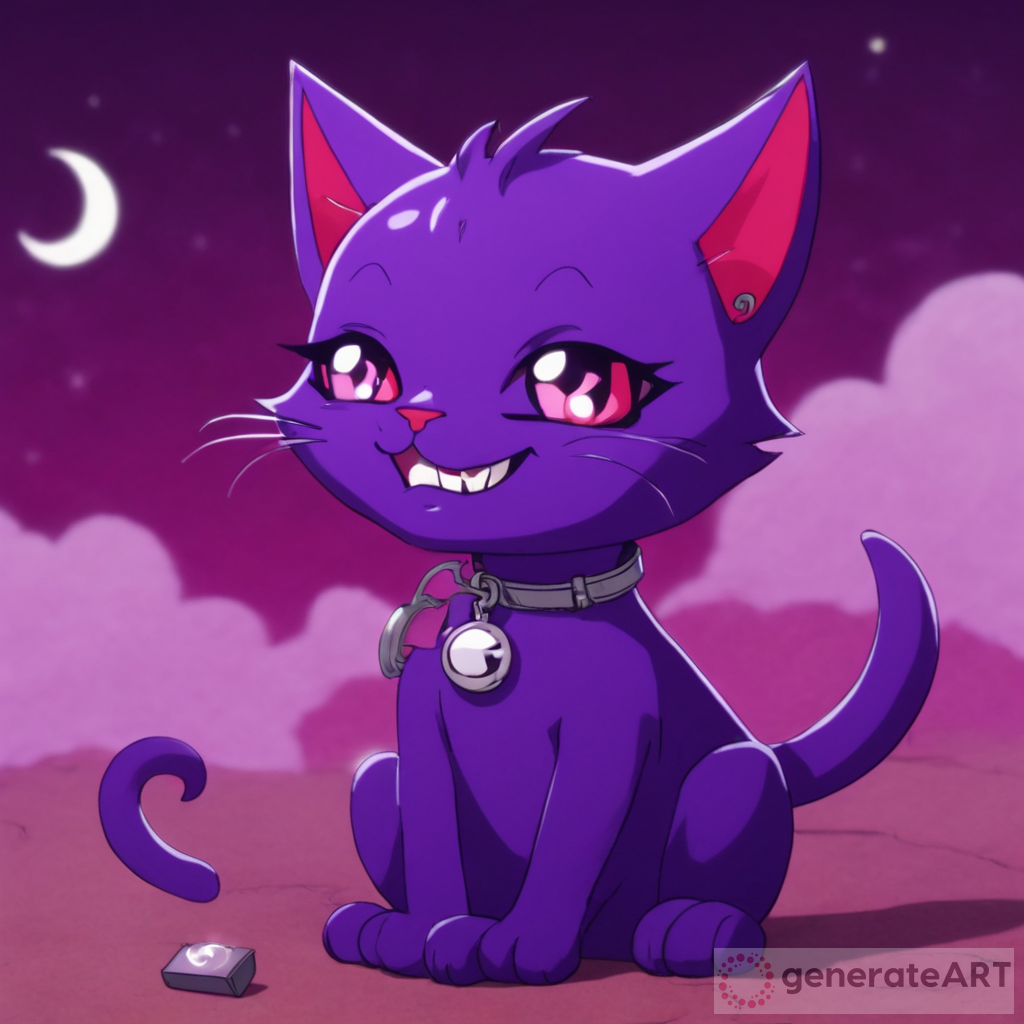 CatNap is a male purple cat with dark purple paws, shiny white eyes, a zipper on its torso, and a big inhuman smile like the rest of the critters, on the zipper is a crescent moon pendant. and red gas can come out of his mouth