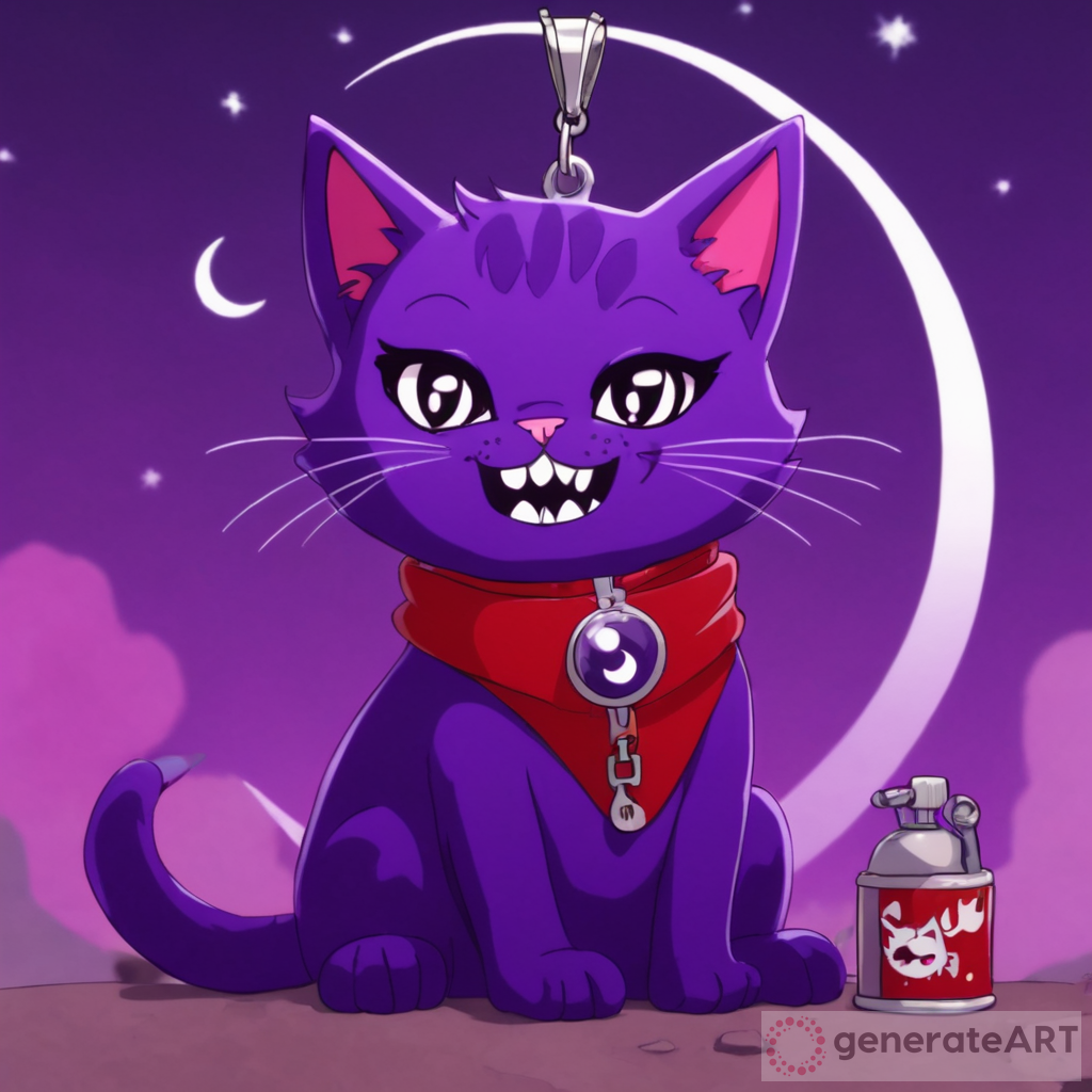 CatNap is a male purple cat with dark purple paws, shiny white eyes, a zipper on its torso, and a big inhuman smile like the rest of the critters, on the zipper is a crescent moon pendant. and red gas can come out of his mouth