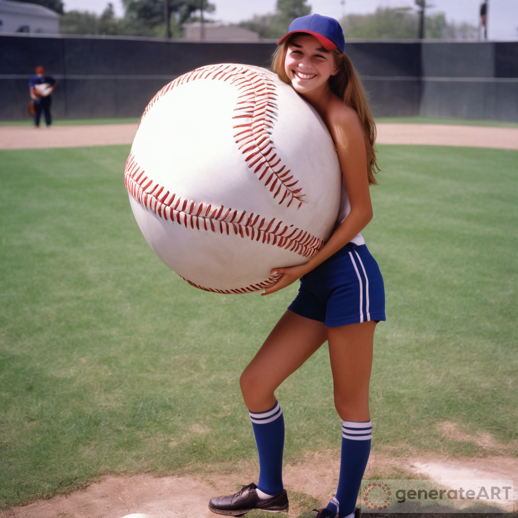 a teenage baseball girl smiling with a giant baseball attached to her butt