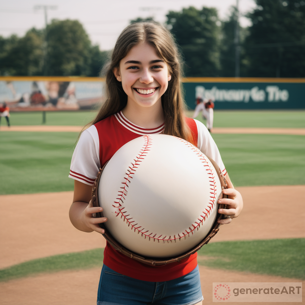 a teenage baseball girl smiling with a giant baseball attached to her butt