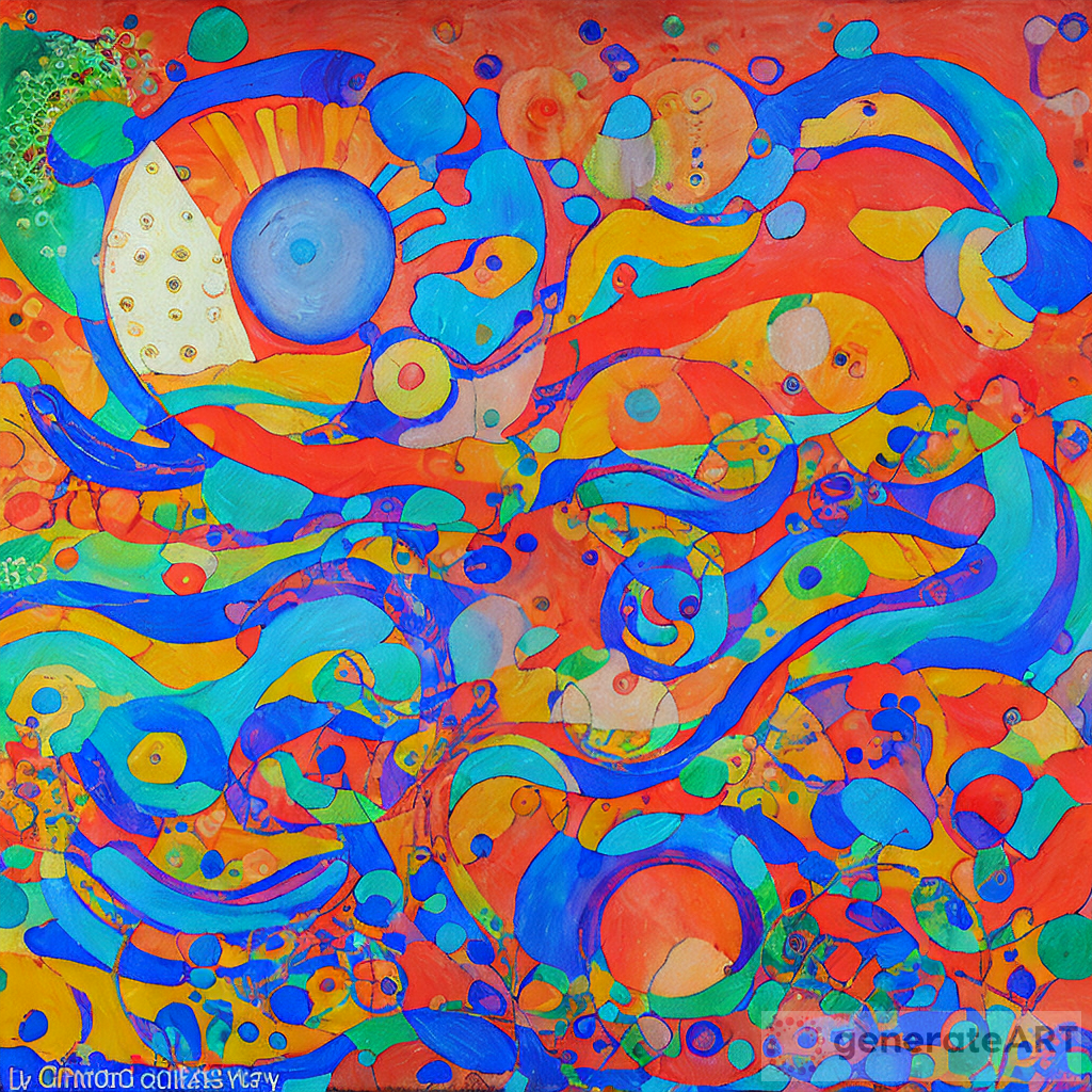 Creative and incredile picture with patterns: Very Detailed and rich abstract painting showing waves, sun and clouds, Irland landscapes. Irregular unusual shapes with textures inside. Irregular lines with variable thickness, curves, circles, shapes, flowers, floreal branches with fruits from trees blooming. Very complex Kandinsky's geometries and Klimt's patterns