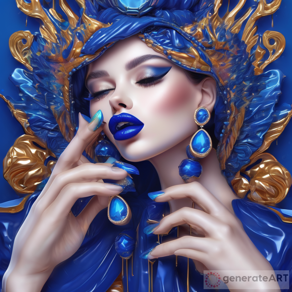A mesmerizing 3D cartoon illustration featuring a pair of vibrant Royal Blue Lips, expertly rendered with intricate details and dripping with iridescent colors
