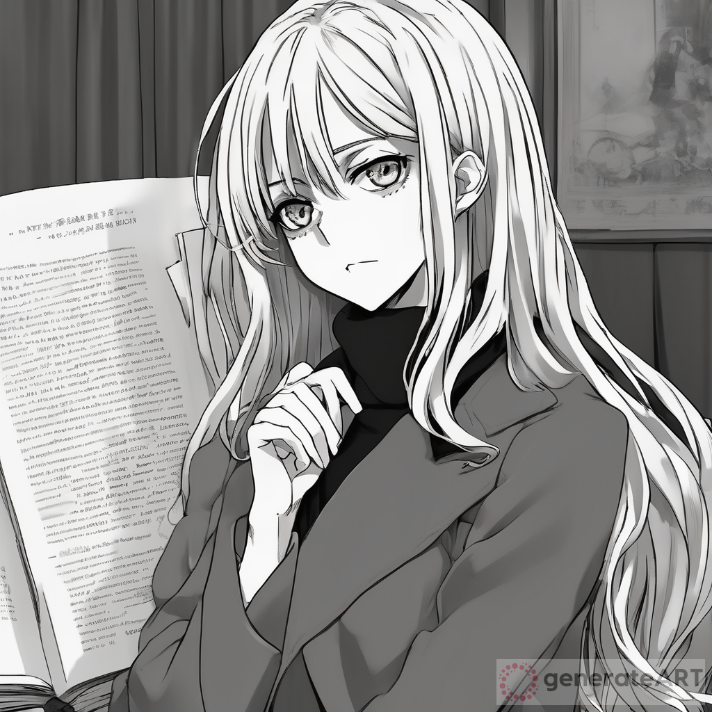 oversize blazer, attack on titan, turtleneck, girl, manga,  black and white, long hair, colorless, beauty, dark academia, cute, himecut curtain layer bangs, anime, light curly hair, book, howl, nick's turtleneck is narrow, neck's turtleneck of wool,
