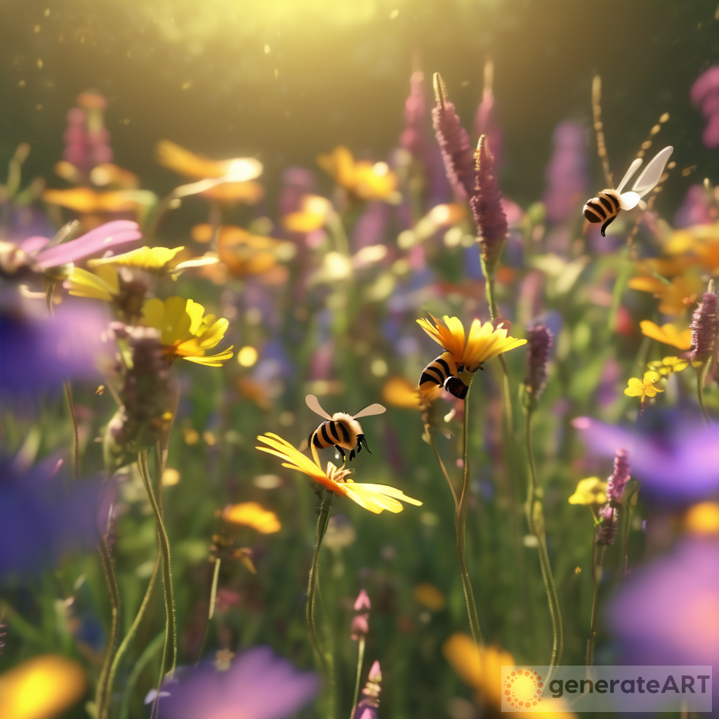 Close UpPrompt: A close-up of wildflowers swaying gently in the sunlight, bees buzzing around, captured in a vibrant 3D Pixar animation style with a cinematic effect