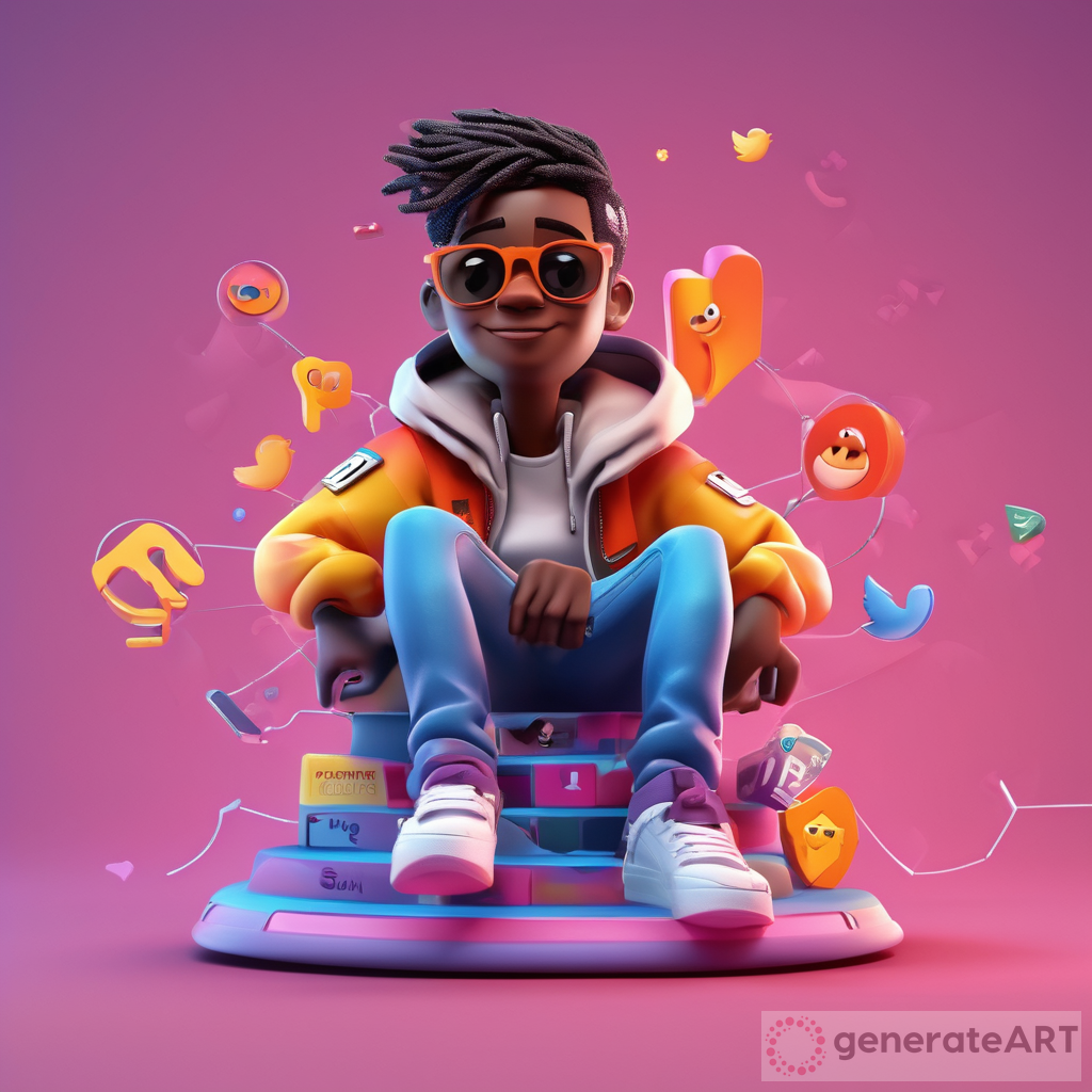 Introducing a captivating 3D illustration featuring an animated character positioned casually atop a well-known social media logo, ‘SocialMedia.’ The character is adorned in modern casual attire, sporting a trendy jeans jacket and comfortable sneakers. In this vibrant artwork, the character appears relaxed yet engaging. The background showcases a social media profile page, created especially for the artwork, with the username ‘YourName’ and a profile picture that perfectly compliments the image. The artist skillfully combines modern fashion, social media culture, and stunning 3D rendering techniques to bring this illustration to life. As you delve into the intricate details, notice the meticulous craftsmanship that breathes authenticity into the character, its surroundings, and the logo itself. This creation expertly captures the essence of a contemporary digital sphere where self-expression intertwines with social connectivity. With its striking visuals and meticulous execution, this artwork promises to captivate viewers and ignite their imagination