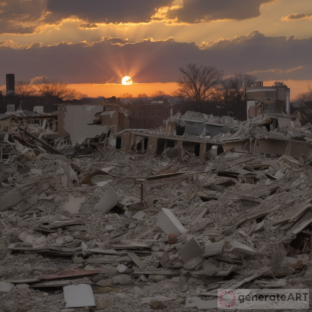 Sun setting on America that has been reduced to rubble