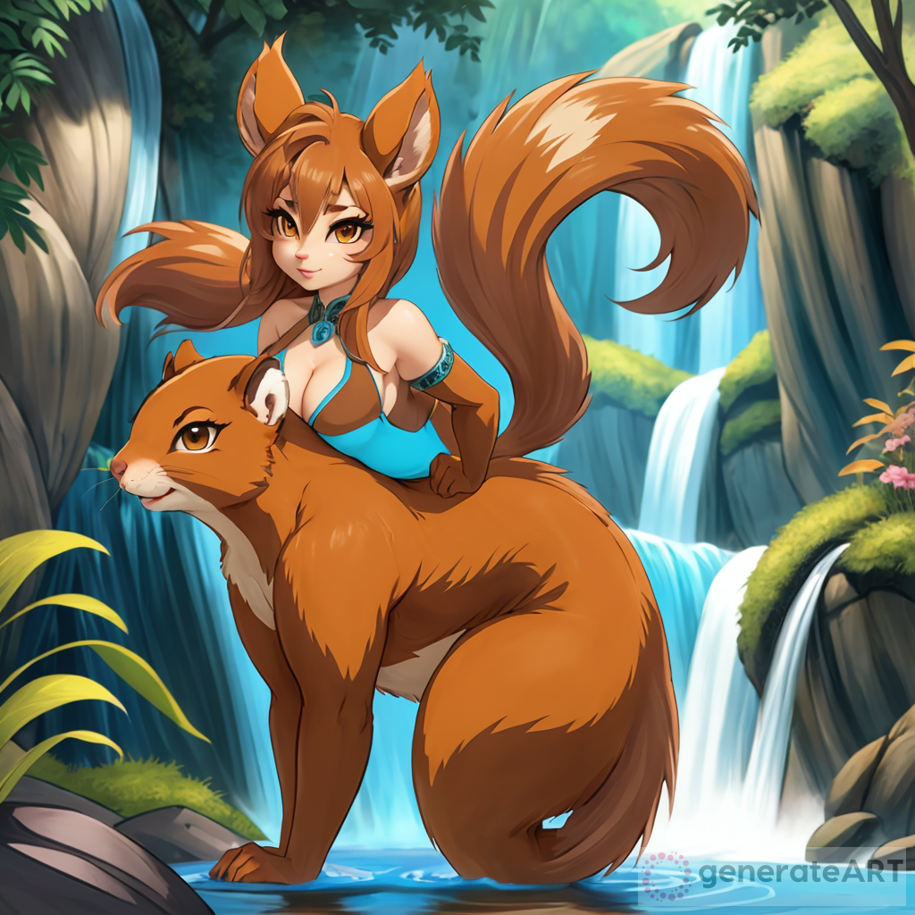 The furry female squirrel anthro stands before you, her long thick brown curly hair flowing down her back in a waterfall of chocolate. Her fluffy tail swishes playfully as she gazes at you with bedroom eyes, her expression both alluring and confident. Her ample chest and thighs are almost bursting free from her tight ripping clothes, emphasizing her impressive figure. Her gigantic rear end is accentuated by the slight sway of her hips. Her dark eyeshadow and thick eyeliner make her gaze piercing and intense, yet her thick eyelashes add a softness to her expression