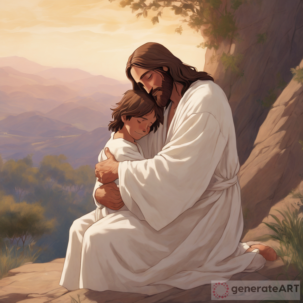 "A man resembling Jesus, wearing a white robe and with long hair, is gently hugging a sad young boy. The man has a kind, comforting smile on his face as he tries to console the boy. The background is soft and warm, suggesting a serene and peaceful environment