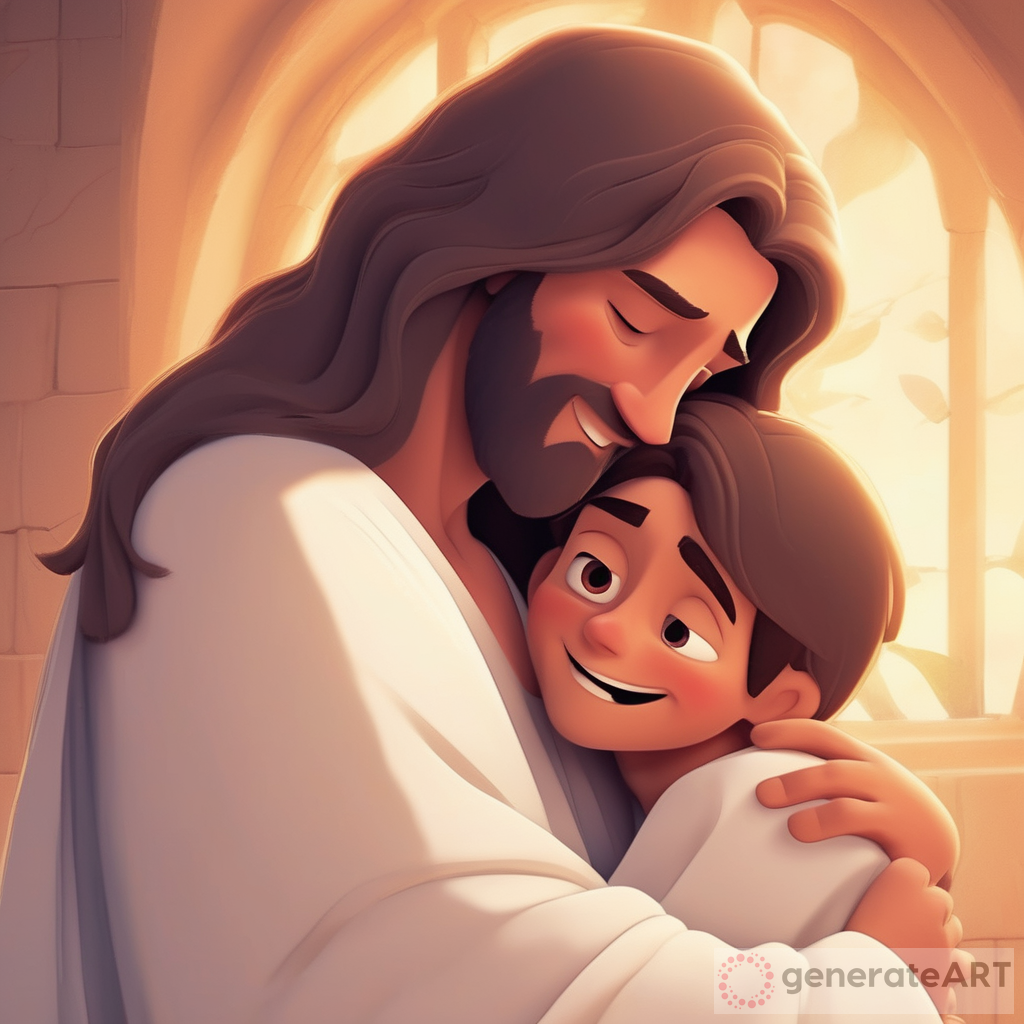 "a pixar type of animation, A man resembling Jesus, wearing a white robe and with long hair, is gently hugging a sad young boy. The man has a kind, comforting smile on his face as he tries to console the boy. The background is soft and warm, suggesting a serene and peaceful environment