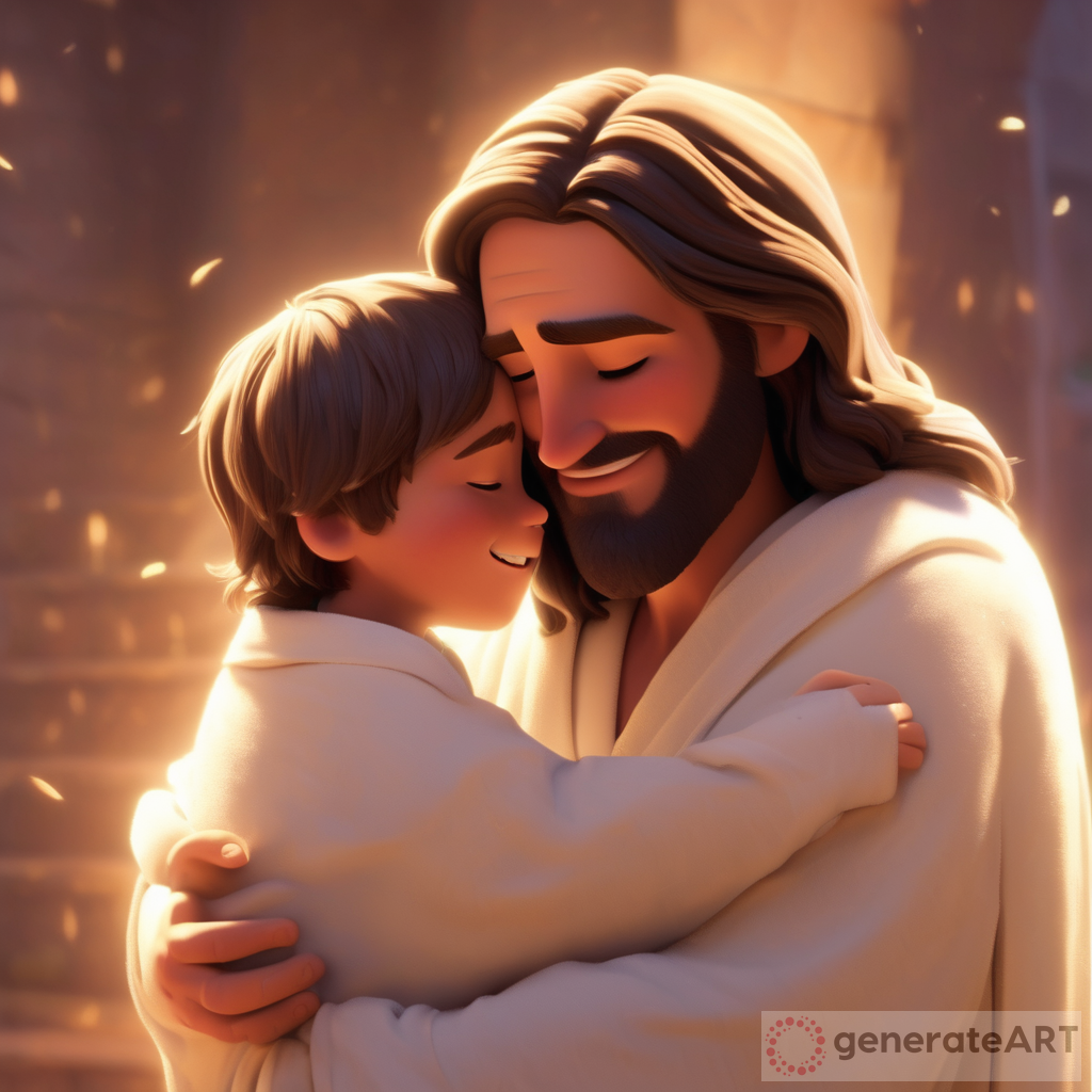 "a pixar type of animation, A man resembling Jesus, wearing a white robe and with long hair, is gently hugging a sad young boy, the young boy is closing his eyes and smile. The man has a kind, comforting smile on his face as he tries to console the boy. The background is soft and warm, suggesting a serene and peaceful environment
