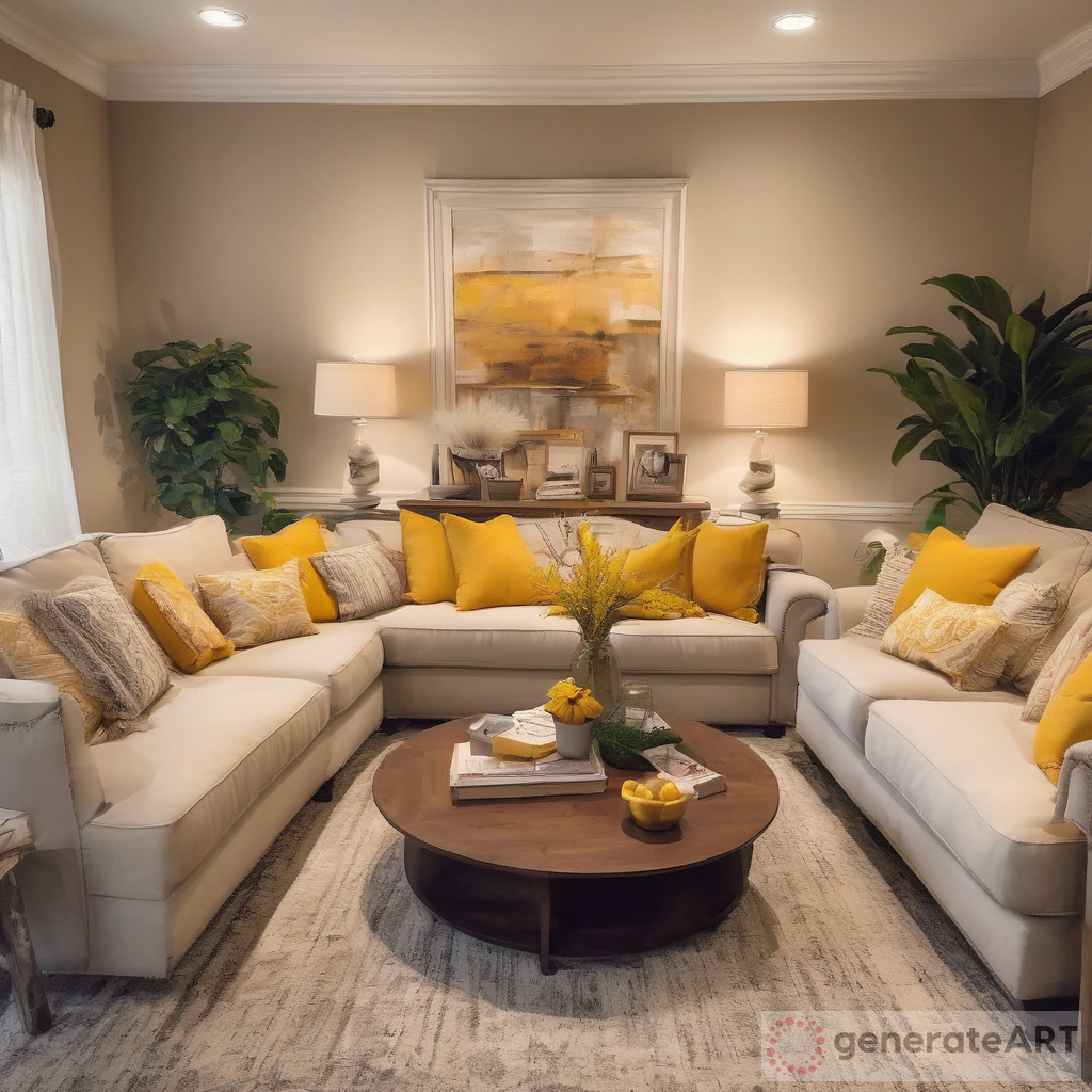 Generate an image of a cozy family room with a warm and inviting atmosphere. The room should have a background featuring beige warm and yellow tones