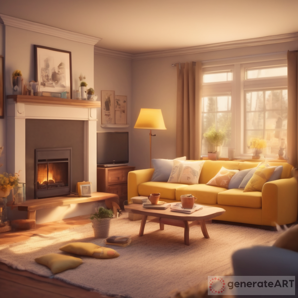 Generate an image with a slightly pixar animation vibes of a cozy family room with a warm and inviting atmosphere. The room should have a background featuring beige warm and yellow tones