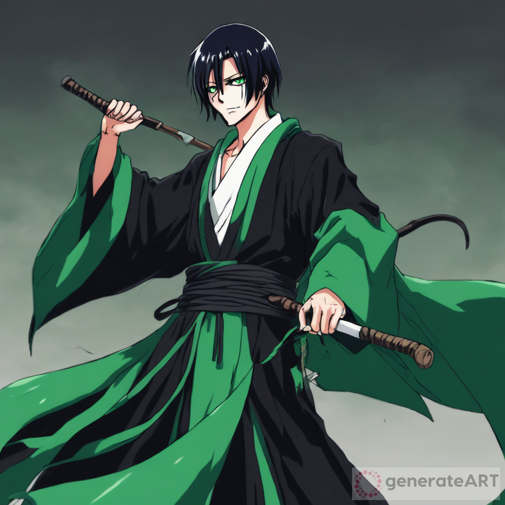 short black haired male with soul reaper robes,a green hilted nods hi his back,green eyes,bleach style