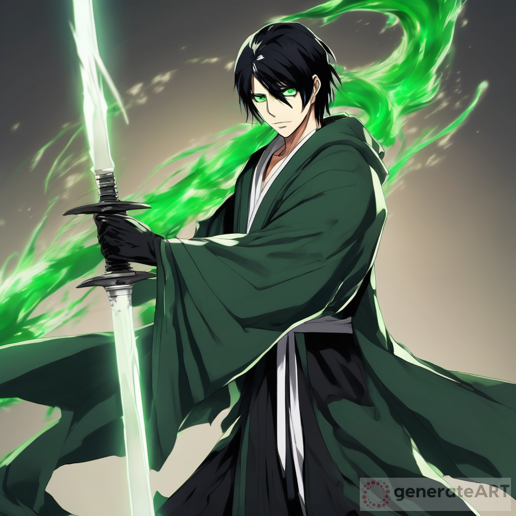 short black haired male with soul reaper robes,a green hilted nods hi his back,green eyes,bleach style