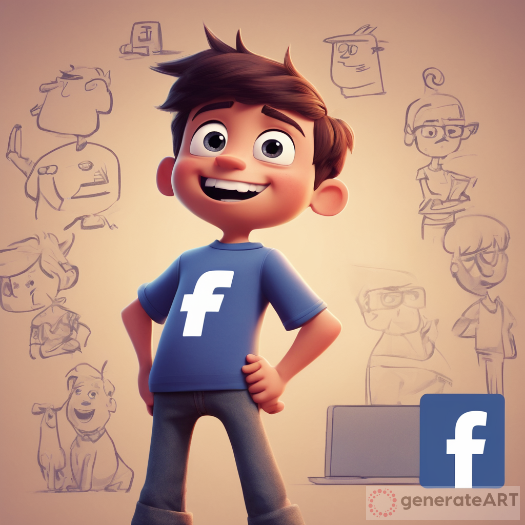 A boy cartoon with a Pixar-like style and a huge 'Facebook' logo standing still, hands akimbo and the logo just beside him
