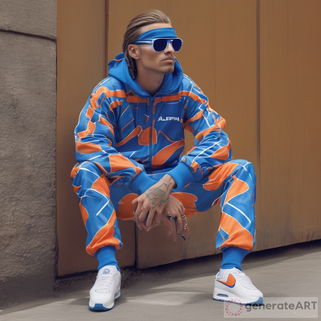 Generate a digital design of a Dutch oldschool Gabber in an Italian track suit by the Australian by L'ALPINA brand. He also wears a round hippy sunglasses and on his feet Nike Air Max big window with a blue Nike swoosh