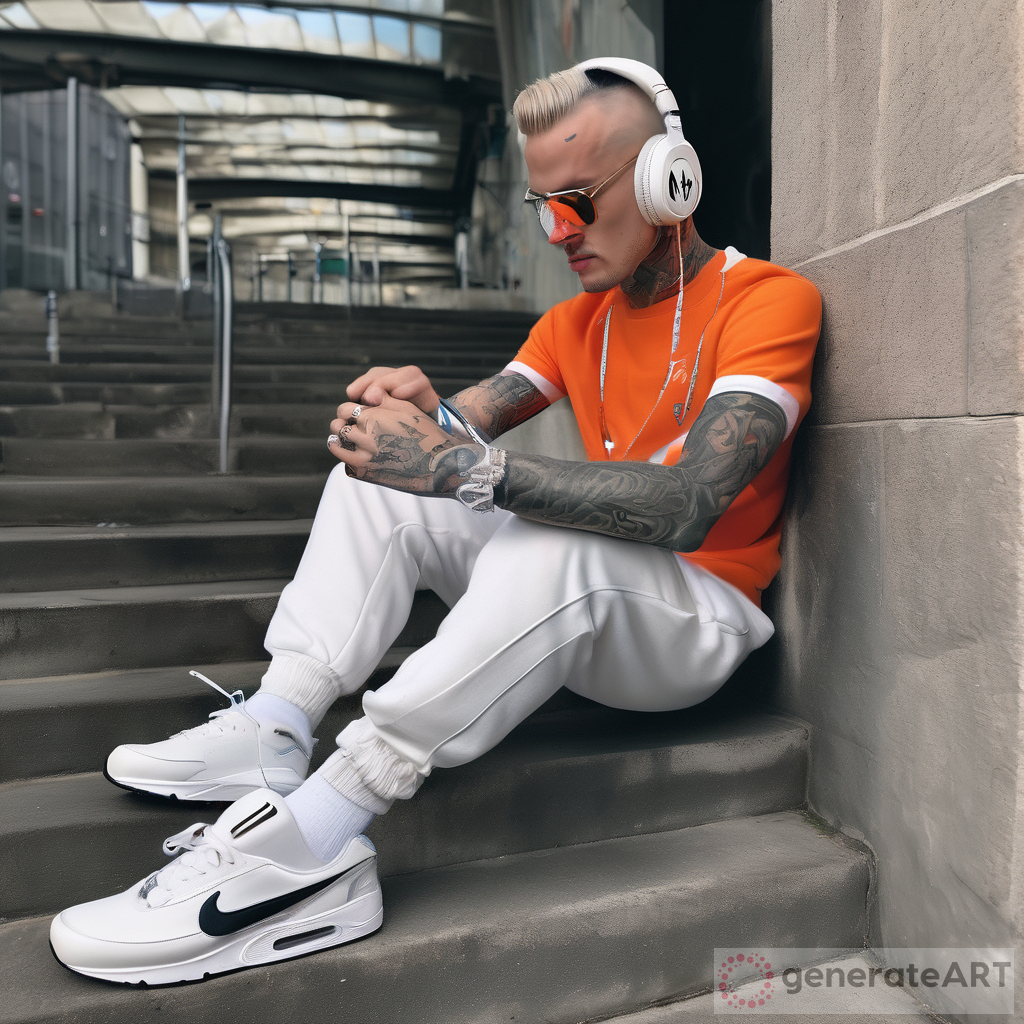 Generate a Dutch white male Gabber wearing headphones. He is wearing the newest Italian designed tracksuit and looks amazing. He has tattoos and wearing Nike Air Max bw om his feet. He is high on amfetamine