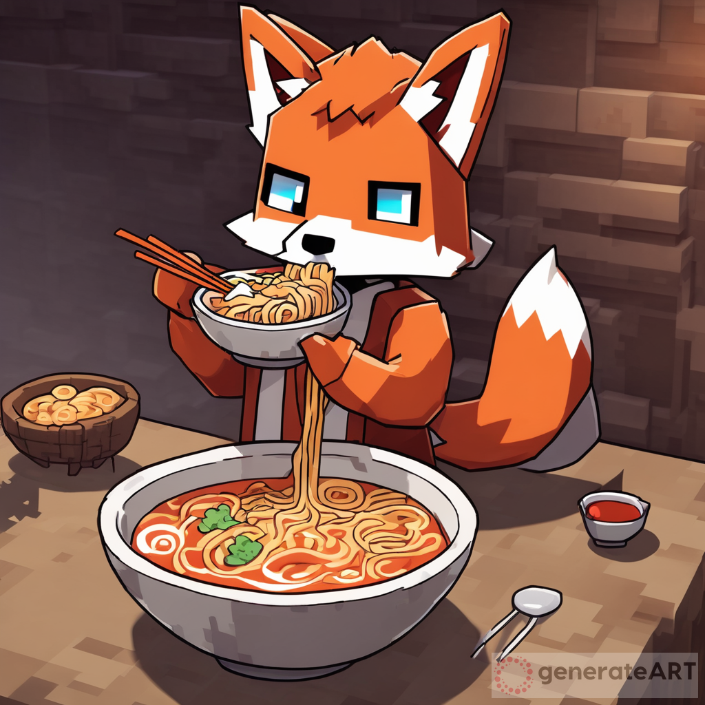 a Minecraft fox eating ramen