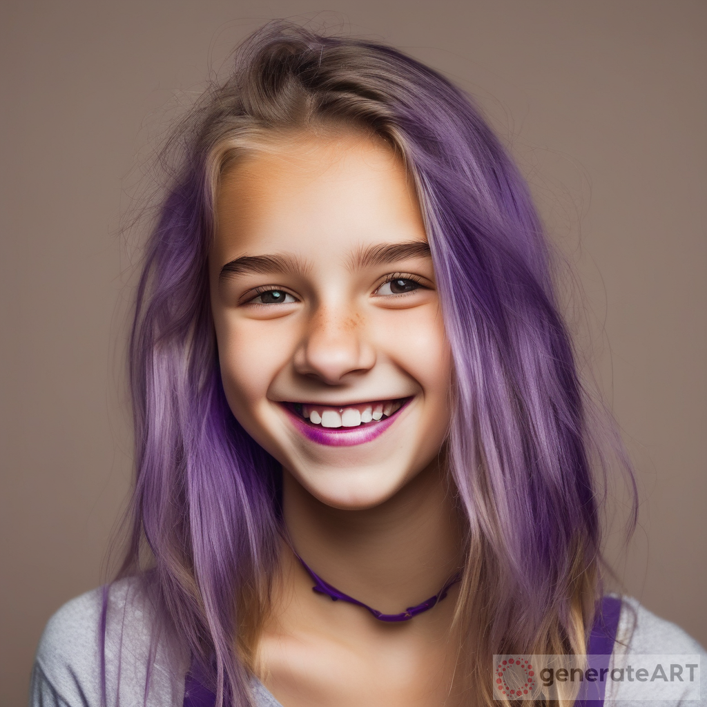 Girl with purple braces smiling and dry dirty blonde brown hair