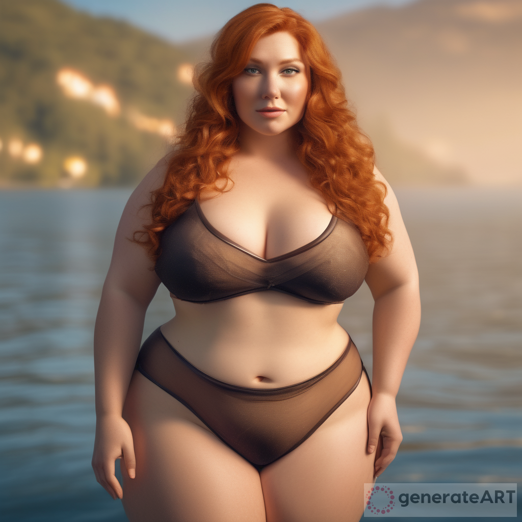 Hyper Realistic Ginger Plus Size Woman Bikini Lake Photo