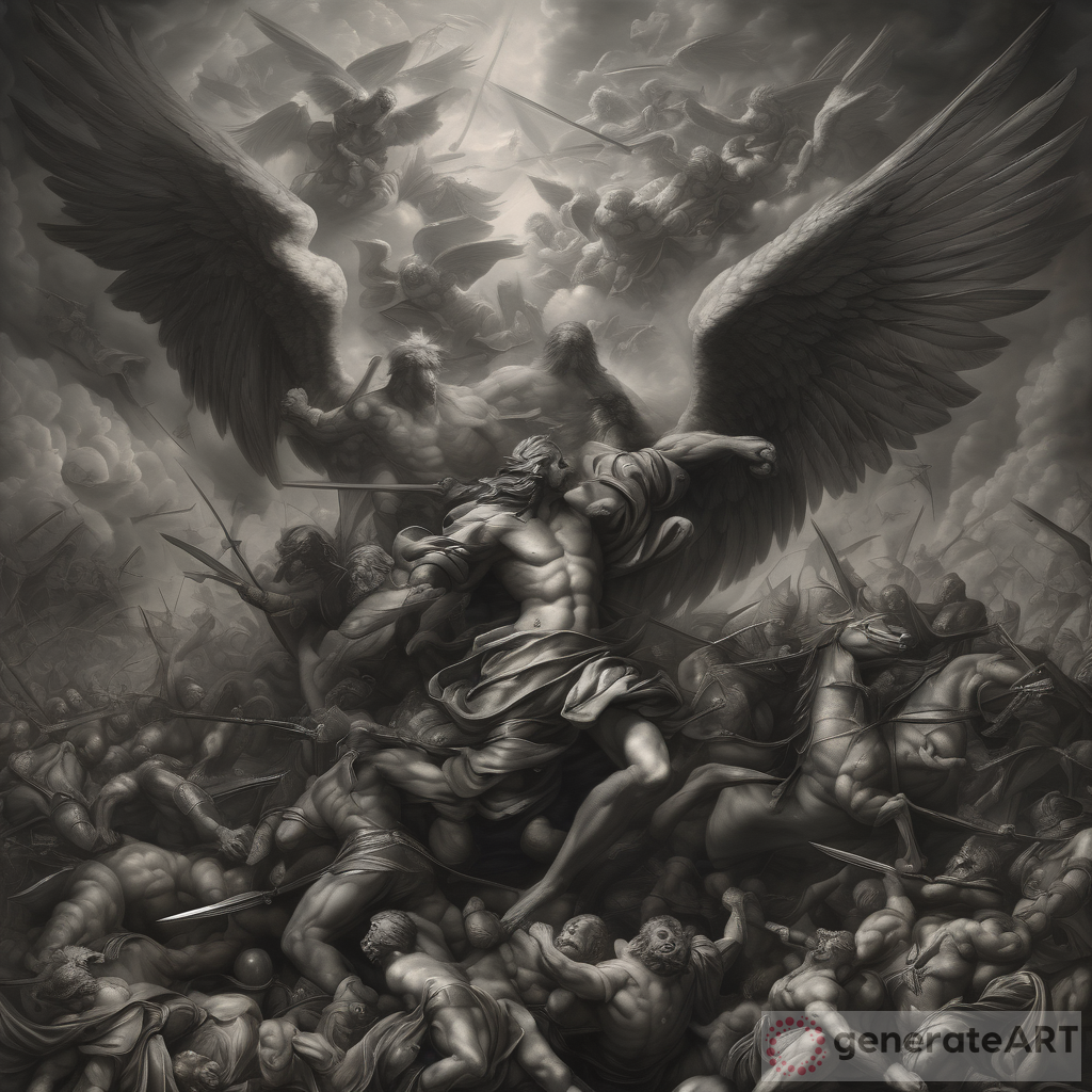 Battle between good and evil hyper realistic grey scale dark hell multiple angels huge battle in the sky