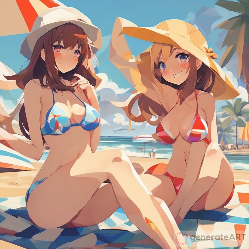 Playful Anime Girls in Bikini at the Beach Cubism