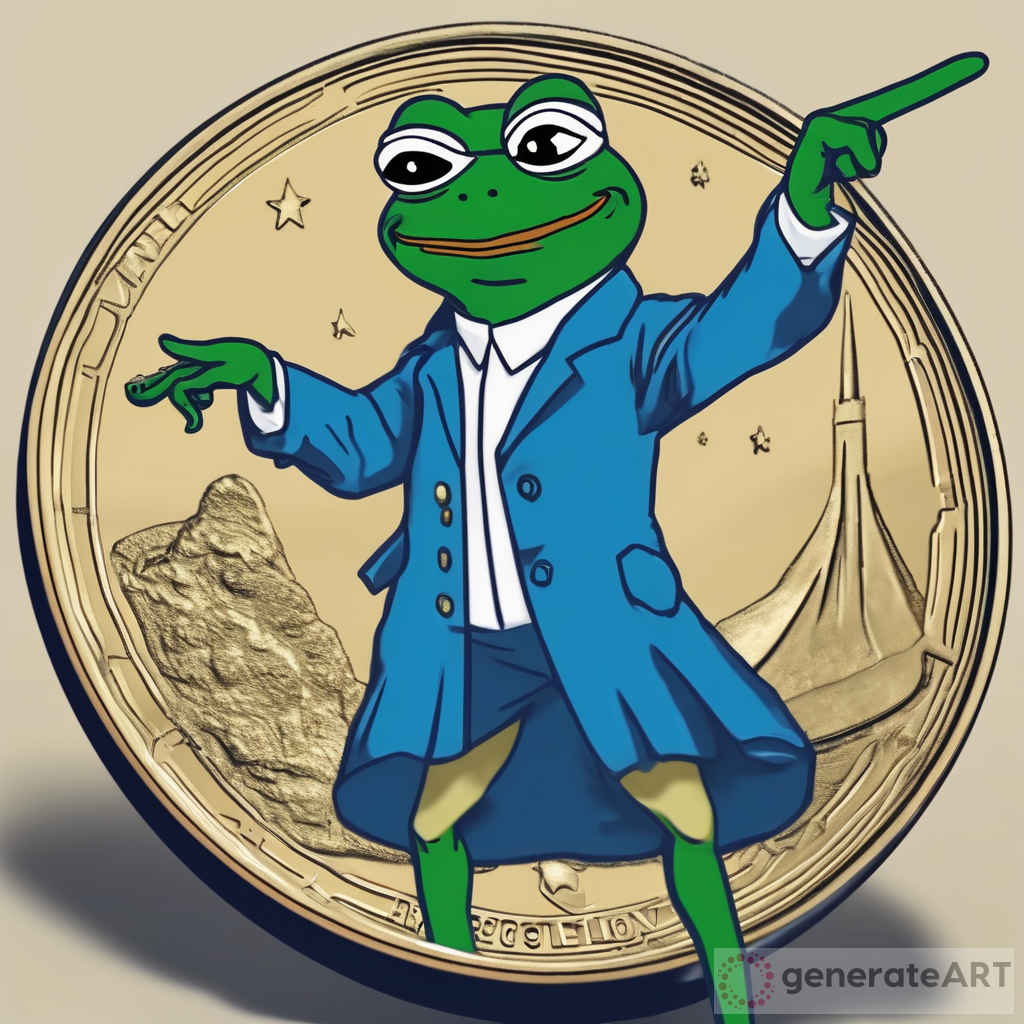 Generate a Pepe frog meme coin wearing a blue dress and pointing to a rocket