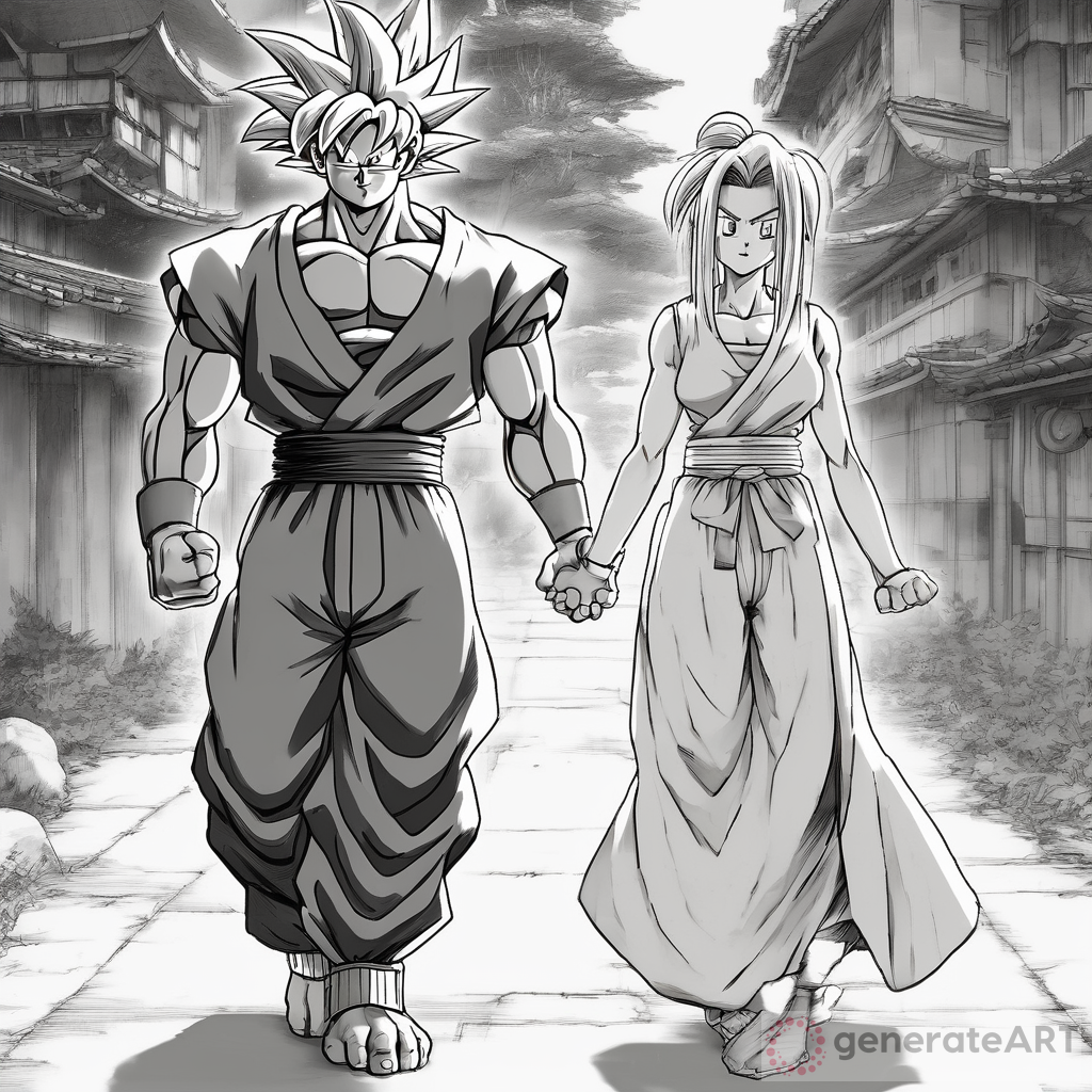 I want you to draw me Goku (from Dragon Ball) walking next to Elizabeth (from Nanatzu no Taizai, in her first version when she was a goddess) who is dressed normally and who is not holding hands with Goku