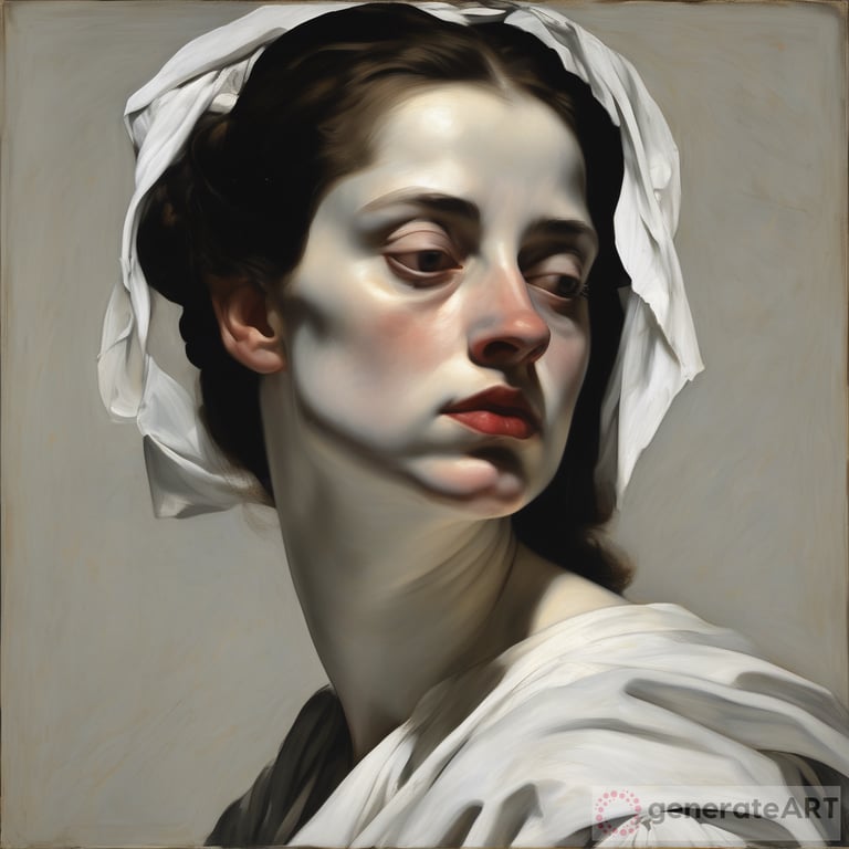 A pale woman, a serious woman, eyes shining with tears, with an abundant bust, very thin lips, very pale lips, with extremely marked brush strokes on the face, cenital ilumination, dressed in a large white loose men's shirt, entire black background, Hendrick Ter Brugghen style, Caravaggio style, Simon Vouet style, perfect anatomy, centered, approaching perfection, dynamic, highly detailed, artstation, very artistic, smooth, sharp focus, pastel color illustration, chiaroscuro, silverpoint, pen and ink, golden and black chalk sanguine, sfumato technique, art by Carne Griffiths, graffiti airbrushing techniques, high definition, accent lighting, contrasted with bright paint colors, Mysterious by H. R