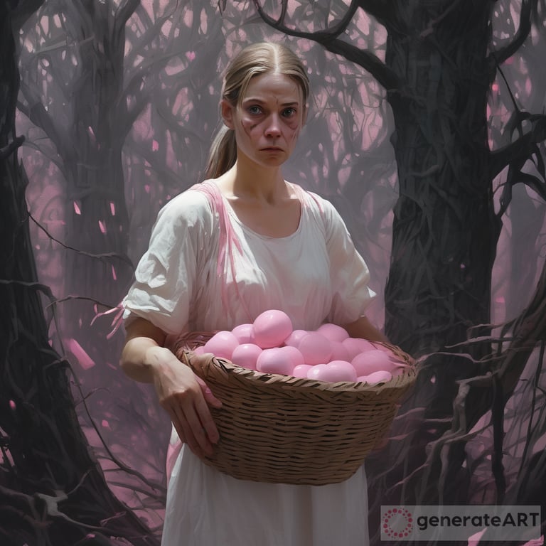 A pale ugly woman, sad, eyes shining, with a straw basket full of pink cardboard boxes of different sizes in her arms, dressed in white linen, sad look, straight hair tied in a ponytail, in a dark environment of trees, trunks and foliage, with extremely marked brush strokes on the face, cenital ilumination, dressed in a large white loose men's shirt, entire black background, Hendrick Ter Brugghen style, Caravaggio style, Simon Vouet style, perfect anatomy, centered, approaching perfection, dynamic, highly detailed, artstation, very artistic, smooth, focus, pastel color illustration, chiaroscuro, silverpoint, pen and ink, golden and black chalk sanguine, sfumato technique, art by Carne Griffiths, graffiti airbrushing techniques, high definition, accent lighting, contrasted with bright paint colors, Mysterious by H. R