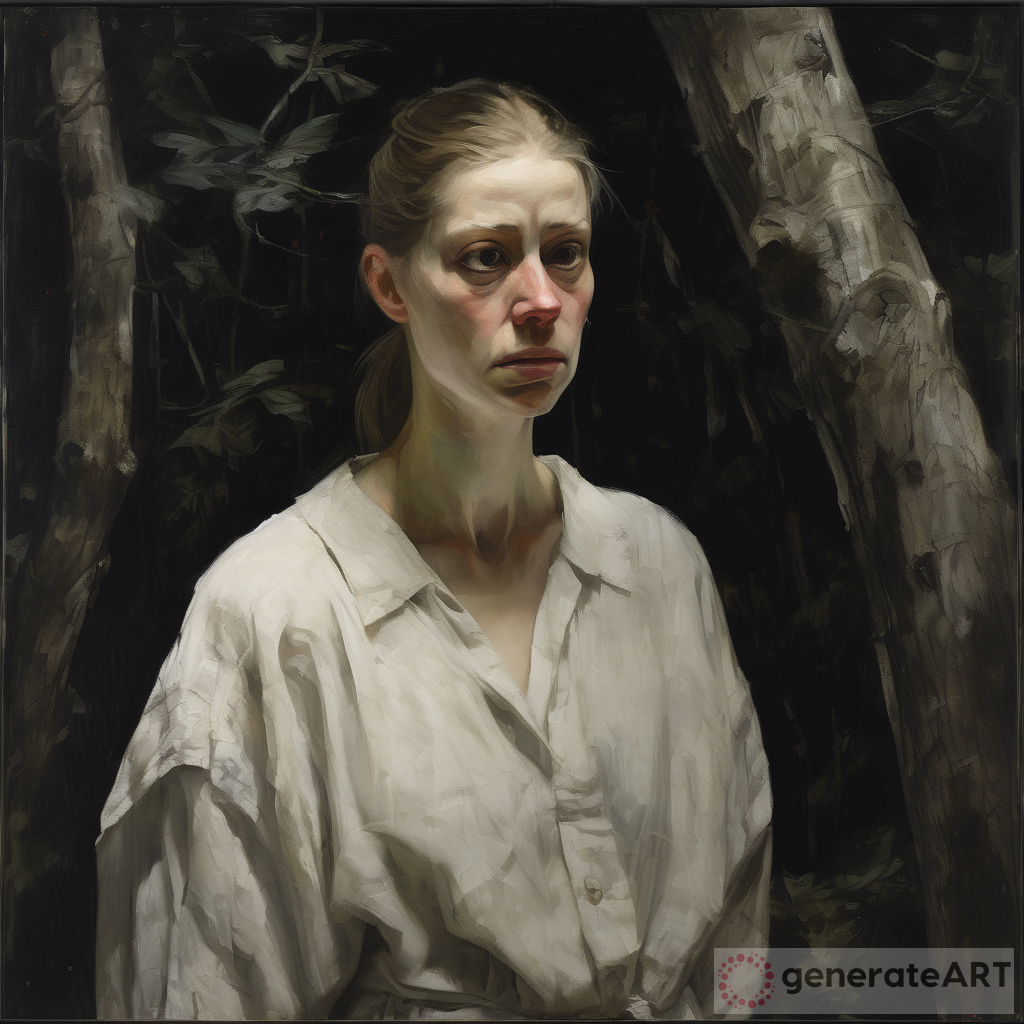 An oil portrait of a pale ugly woman, brushstrokes very visible sad, eyes shining, dressed in white linen, sad look, straight hair tied in a ponytail, in a dark environment of trees, trunks and foliage, with extremely marked brush strokes on the face, cenital ilumination, dressed in a large white loose men's shirt, entire black background, Hendrick Ter Brugghen style, Caravaggio style, Simon Vouet style, perfect anatomy, centered, approaching perfection, dynamic, highly detailed, artstation, very artistic, smooth, focus, pastel color illustration, chiaroscuro, silverpoint, pen and ink, golden and black chalk sanguine, sfumato technique, art by Carne Griffiths, graffiti airbrushing techniques, high definition, accent lighting, contrasted with bright paint colors, Mysterious by H. R