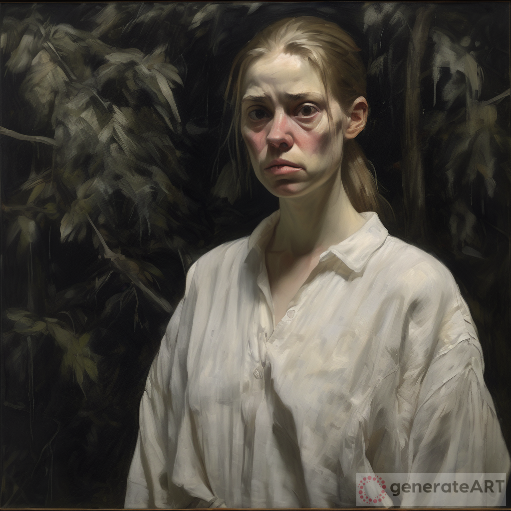 An oil portrait of a pale ugly woman, brushstrokes very visible sad, eyes shining, dressed in white linen, sad look, straight hair tied in a ponytail, in a dark environment of trees, trunks and foliage, with extremely marked brush strokes on the face, cenital ilumination, dressed in a large white loose men's shirt, entire black background, Hendrick Ter Brugghen style, Caravaggio style, Simon Vouet style, perfect anatomy, centered, approaching perfection, dynamic, highly detailed, artstation, very artistic, smooth, focus, pastel color illustration, chiaroscuro, silverpoint, pen and ink, golden and black chalk sanguine, sfumato technique, art by Carne Griffiths, graffiti airbrushing techniques, high definition, accent lighting, contrasted with bright paint colors, Mysterious by H. R