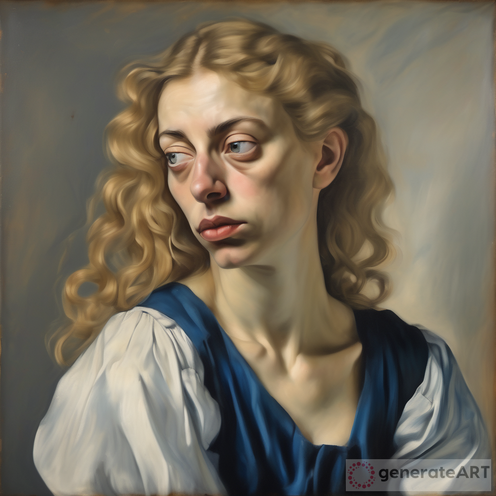 Oil portrait Caravaggio style, of an ugly woman, big nose, very thin lips, extremely pale lips, with a wavy light blonde hair, sitting three-quarters in profile, posing for a painting in a painting studio, background only her body with a blue skirt, indecision in the lines except the eyes,