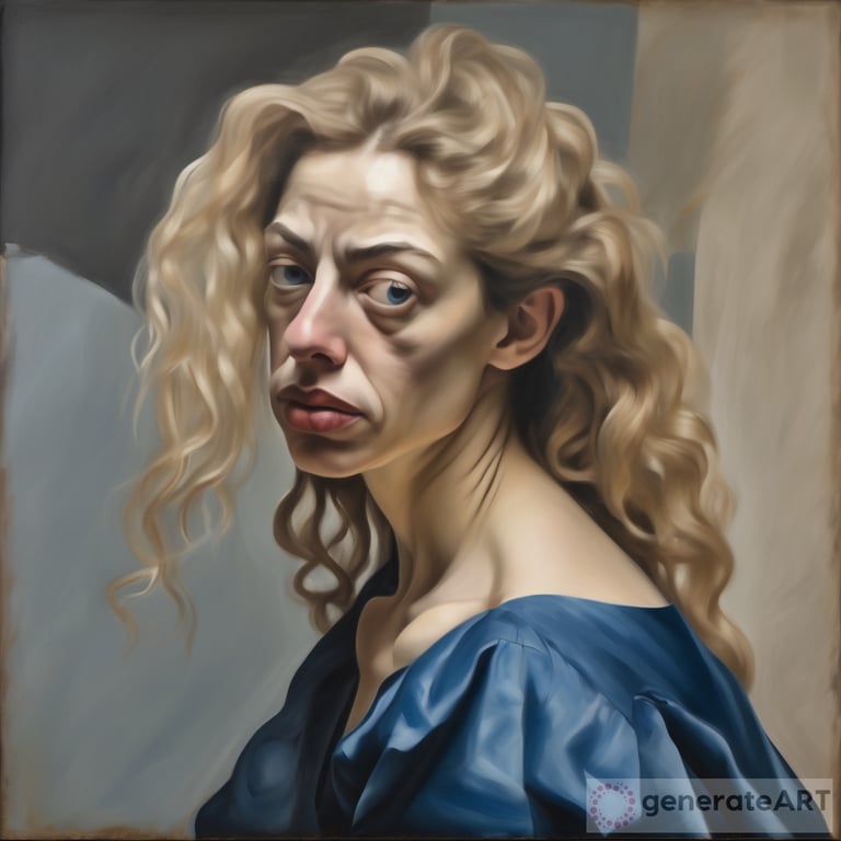 Oil portrait Caravaggio style, of an ugly woman, big nose, very thin lips, extremely pale lips, with a wavy light blonde hair, sitting three-quarters in profile, posing for a painting in a painting studio, background only her body with a blue skirt, indecision in the lines except the eyes,