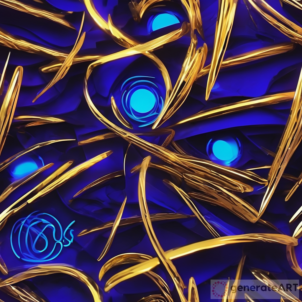 Mesmerizing 3D Calligraphy Art: Vibrant Anime Ultraviolet Wide Angle Lens Neon Blue Color Gold