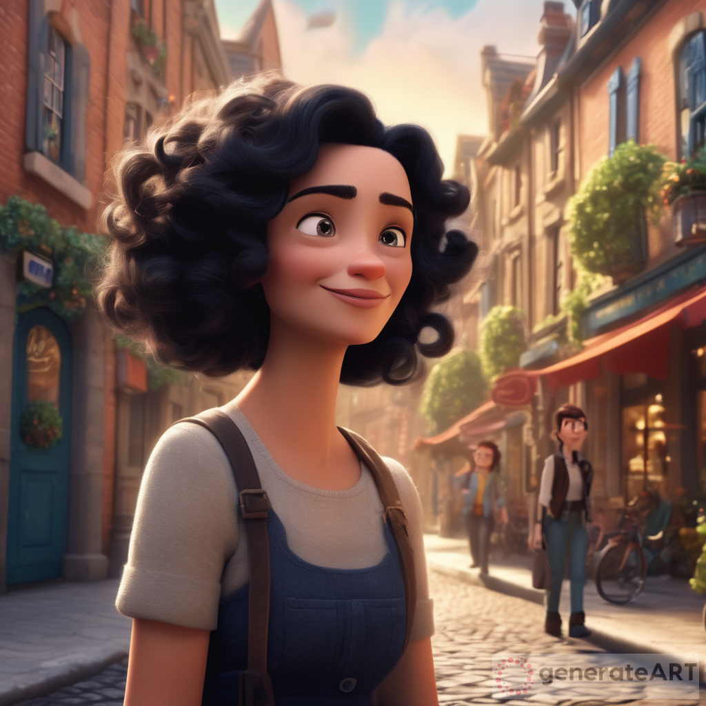 Whimsical Pixar-style Image: Middle-Aged Woman in Magical Street