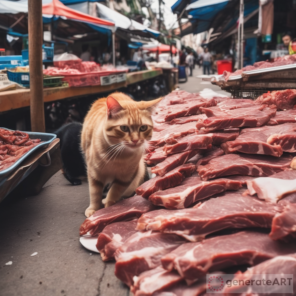 Sneaky Cat Stealing Meat from Market