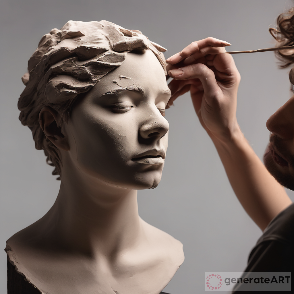 Young Female Artist Sculpting Male Head in Clay