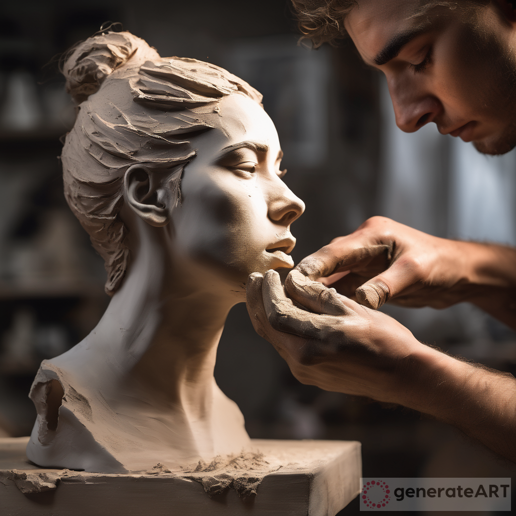 Capturing Creation: Female Artist Sculpting with Dramatic Lighting