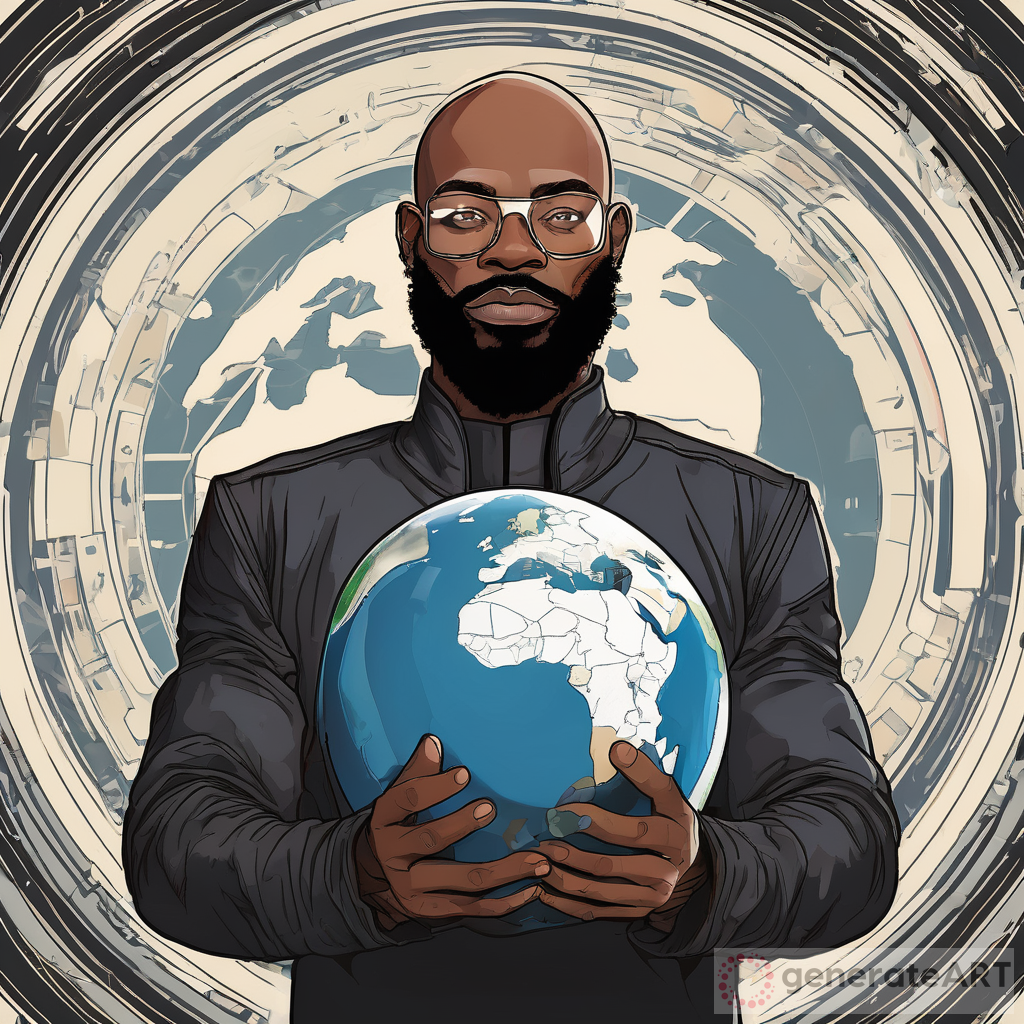 A Bald Bearded Futuristic Black Man Holding Up Planet Earth