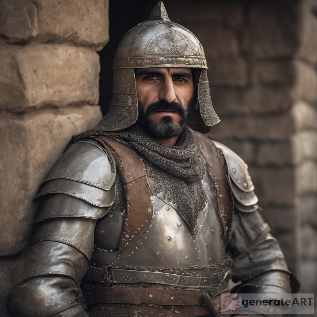 Kurdish man in medieval era with heavy armor and helm