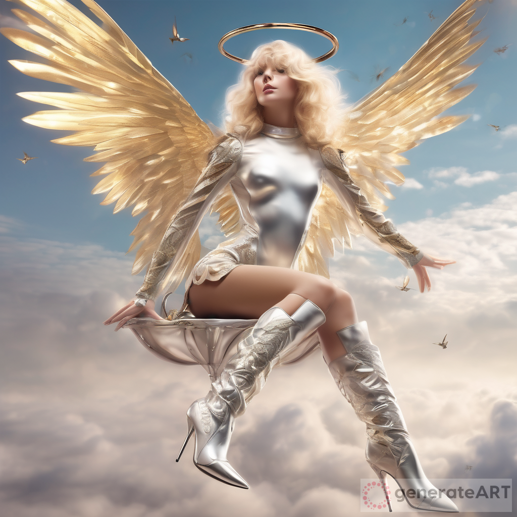 Full Body, Flying IN The Sky, Blonde Angel with Halo and Large Shiny Patterned hummingbird Wings and latex thigh Boots with pointed toes and Stiletto High Heels
