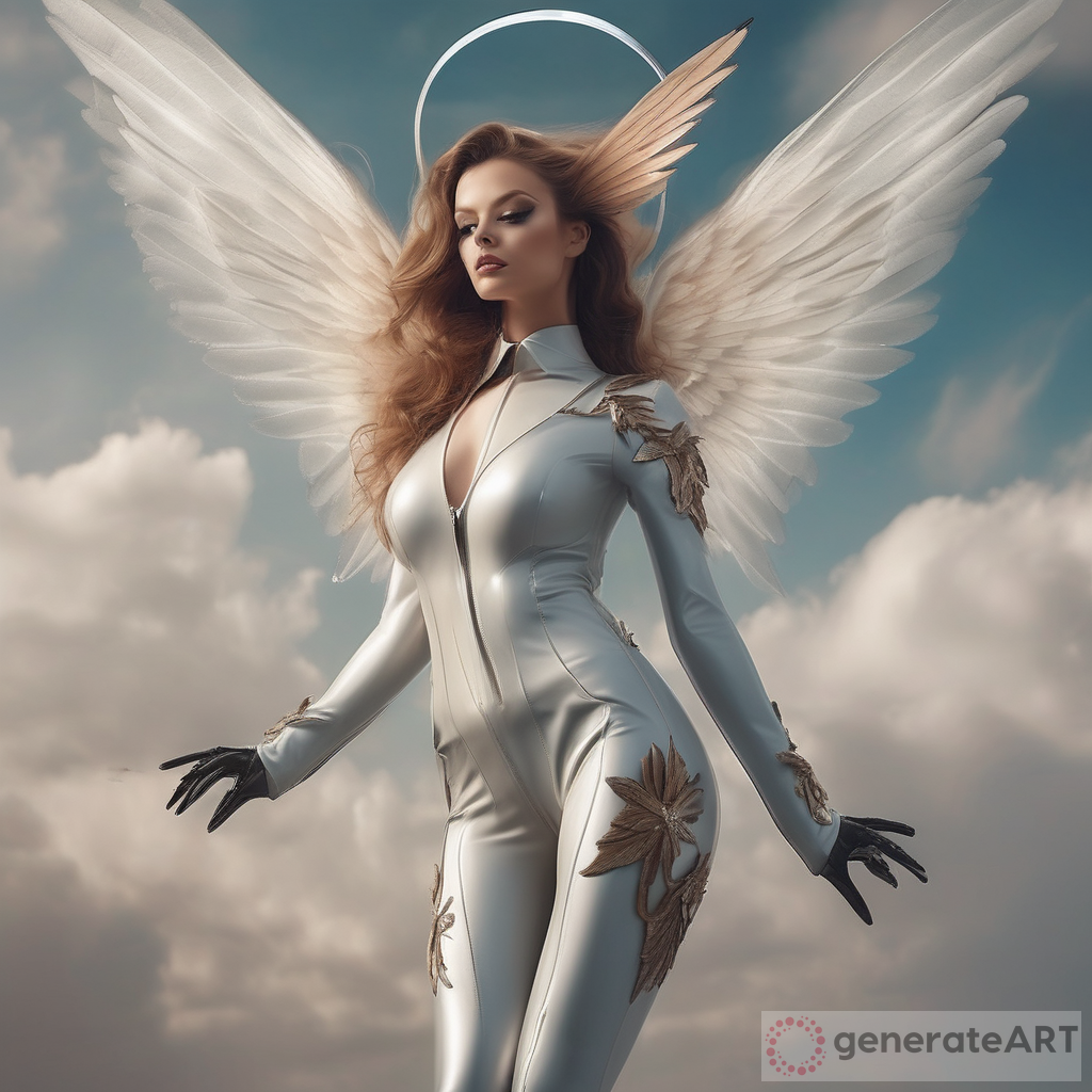 Full Body, Flying IN The Sky, Angel with Halo and Long hummingbird Wings and latex thigh Boots with pointed toes and Stiletto High Heels