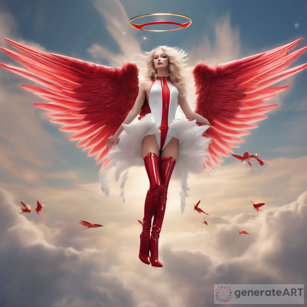 Graceful Angel in Sky with Long Wings and Red Boots