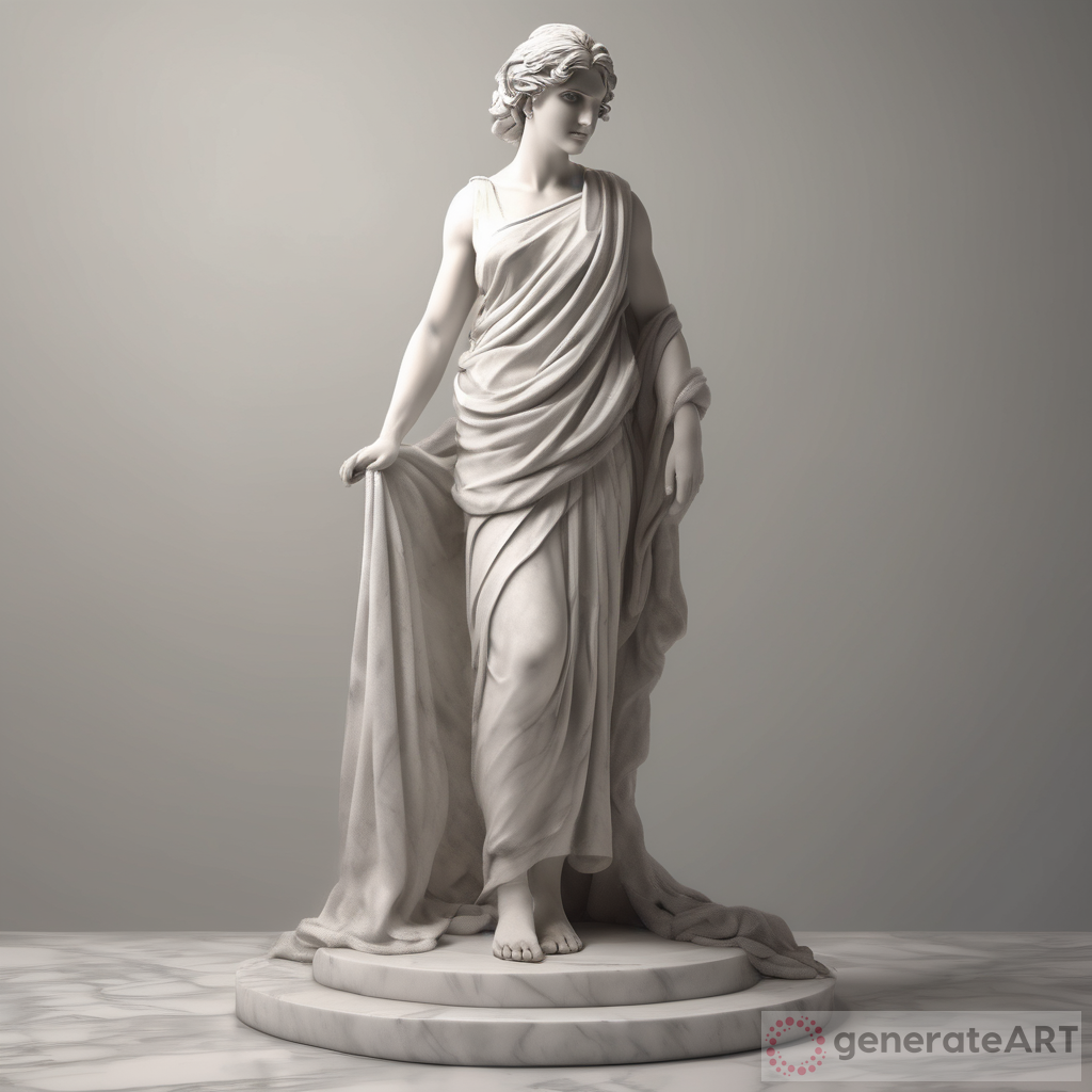 A realistic full body white greek marble statue of a beautiful italian girl wearing a ghostly toga, neutral background, moody, smiling, photo realistic, movie scene, super detailed, hyper realistic, bright lights, quick draw