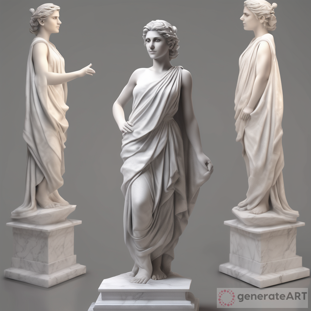 A realistic full body white greek marble statue of a beautiful italian girl wearing a ghostly toga, neutral background, moody, smiling, photo realistic, movie scene, super detailed, hyper realistic, bright lights, quick draw Front and side view
