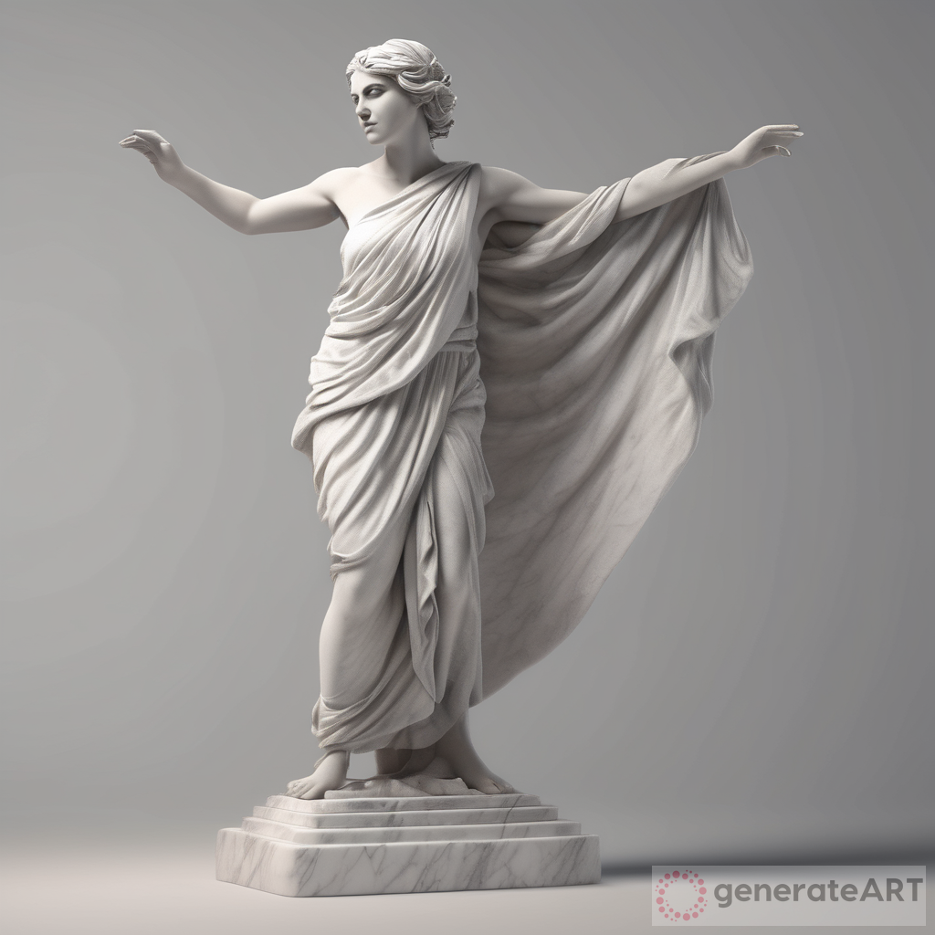 A realistic full body white greek marble statue of a beautiful italian girl wearing a ghostly toga, neutral background, moody, smiling, photo realistic, movie scene, super detailed, hyper realistic, bright lights, quick draw Front and side view