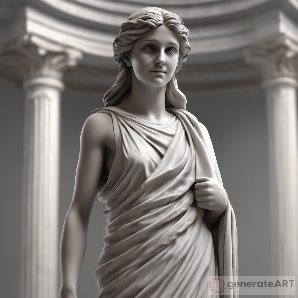 realistic full body white greek marble statue of a beautiful italian girl wearing a ghostly toga, neutral background, moody, smiling, photo realistic, movie scene, super detailed, hyper realistic, bright lights, quick draw Front and side view