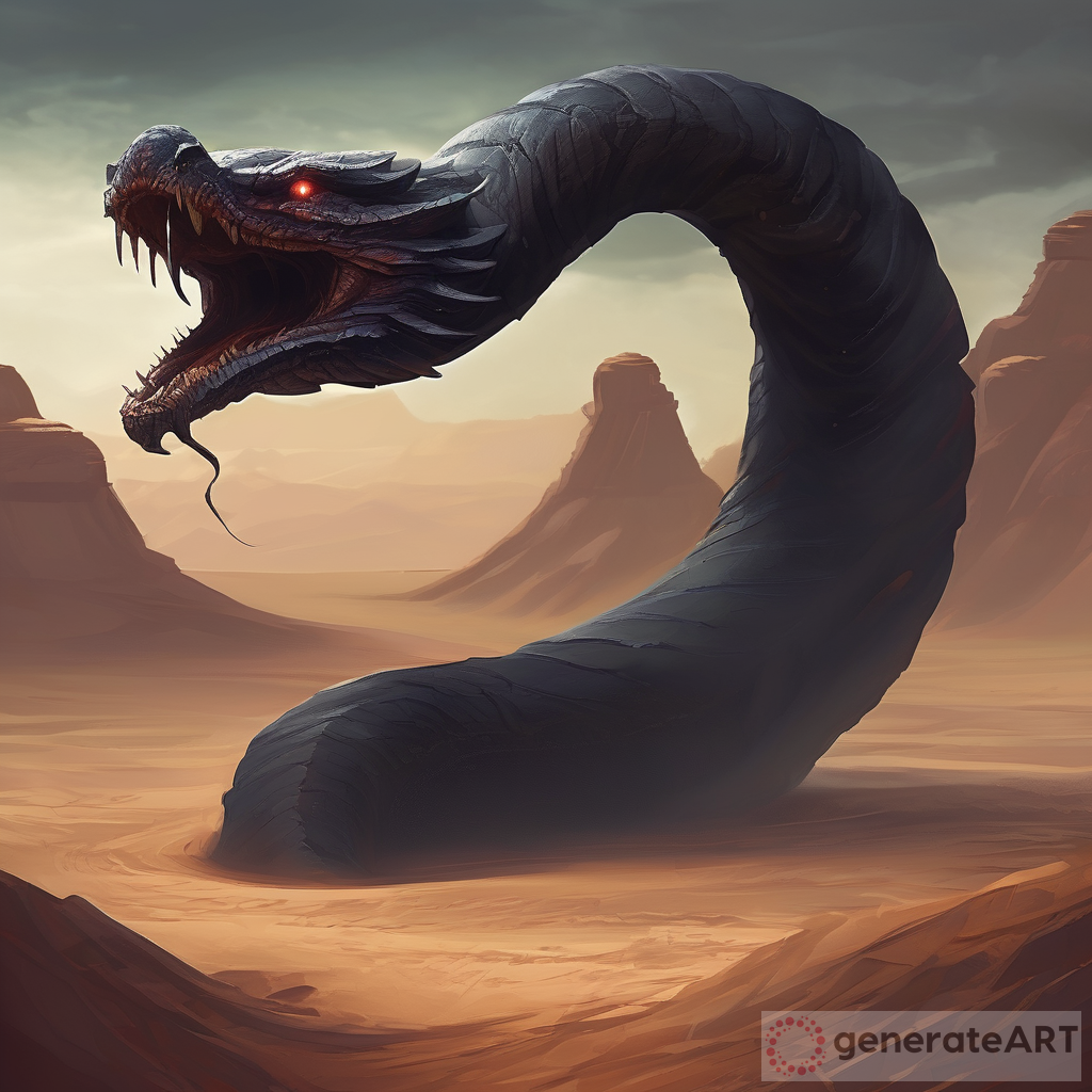 Giant dark serpent, fearfull desert landscape
